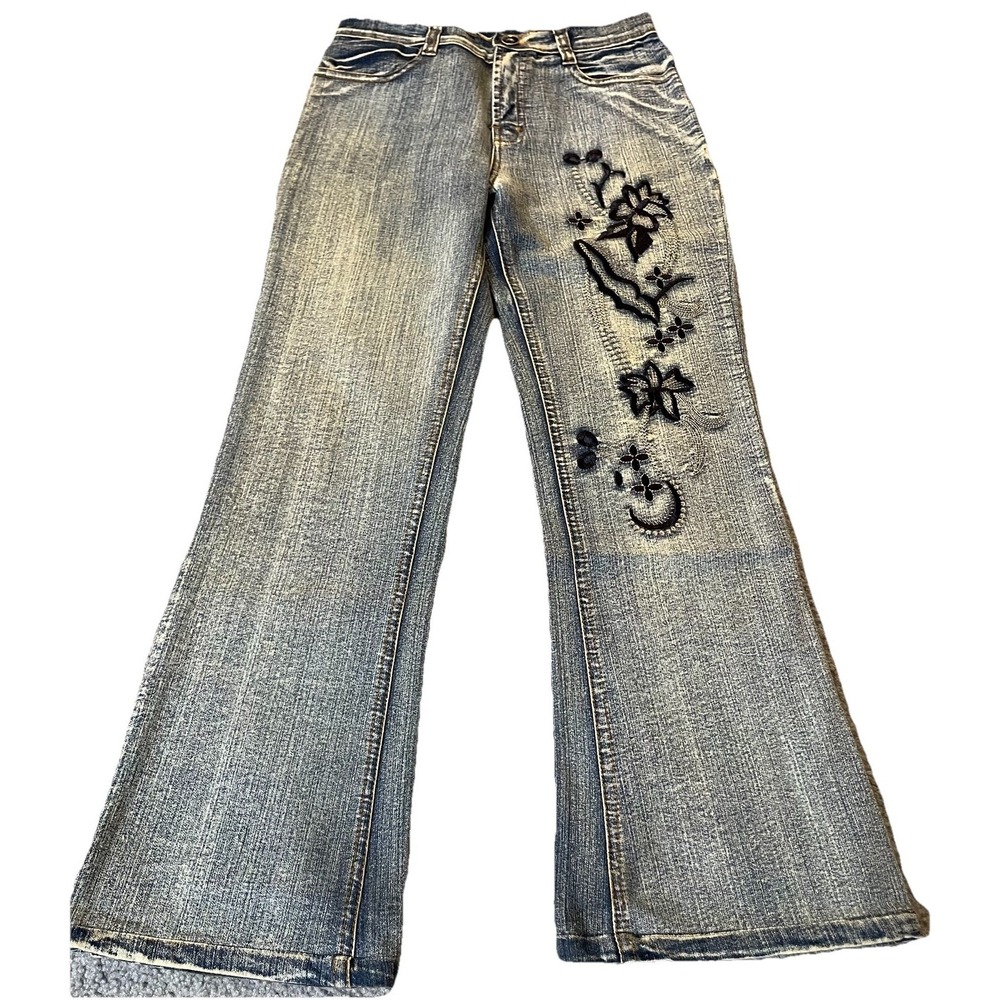 Vtg 80s Handmade Bootcut Jeans Women's Sz 31 Floral Embroidery Blue Acid Washed